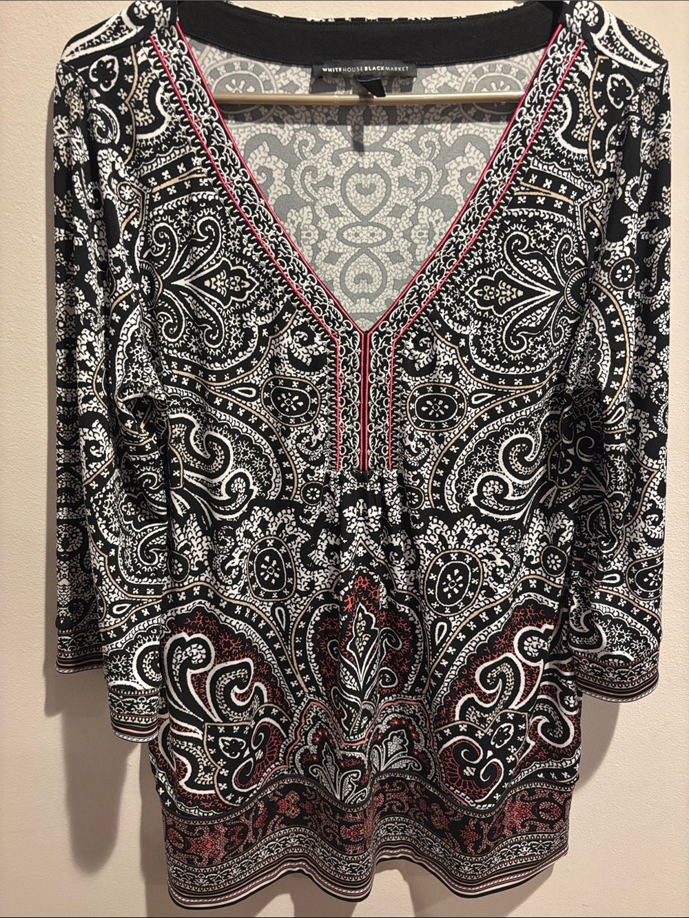 White House Black Market Black, White & Red Paisley V-Neck Tunic